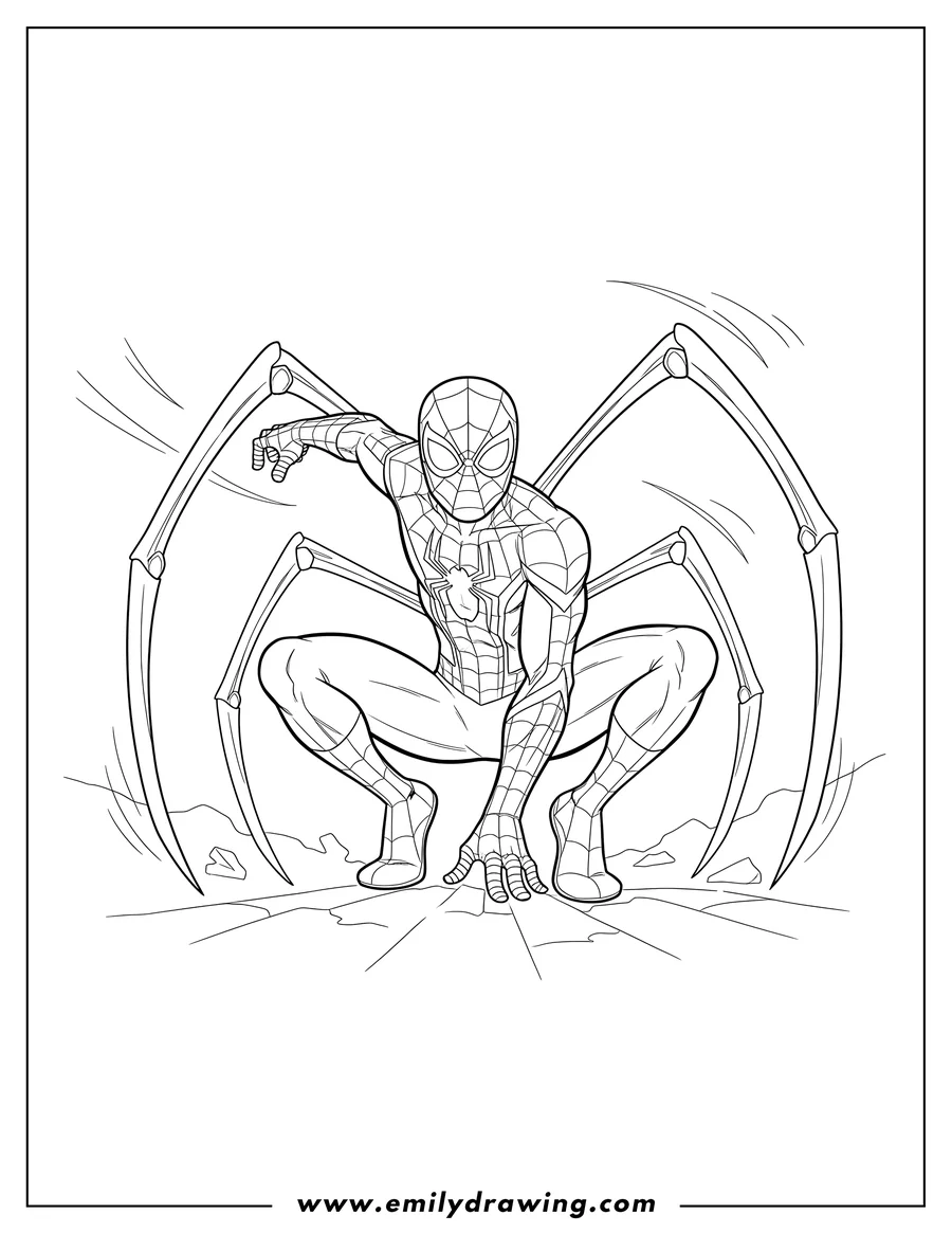 Vector style outline of easy Iron Spider Man in action pose with four extended mechanical spider legs