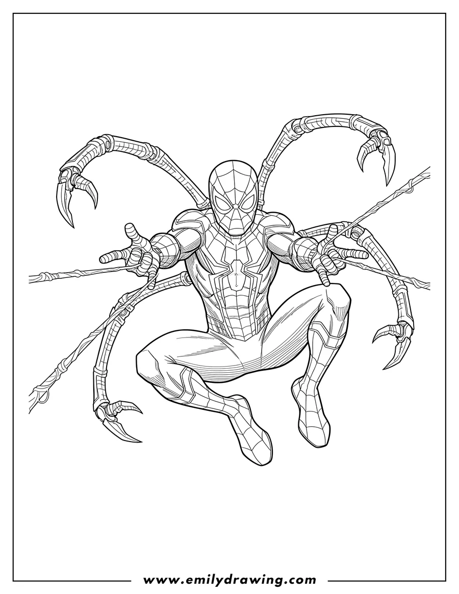Black and white line art of iron Spider Man Shooting Webs, in a dynamic pose with mechanical arms extended