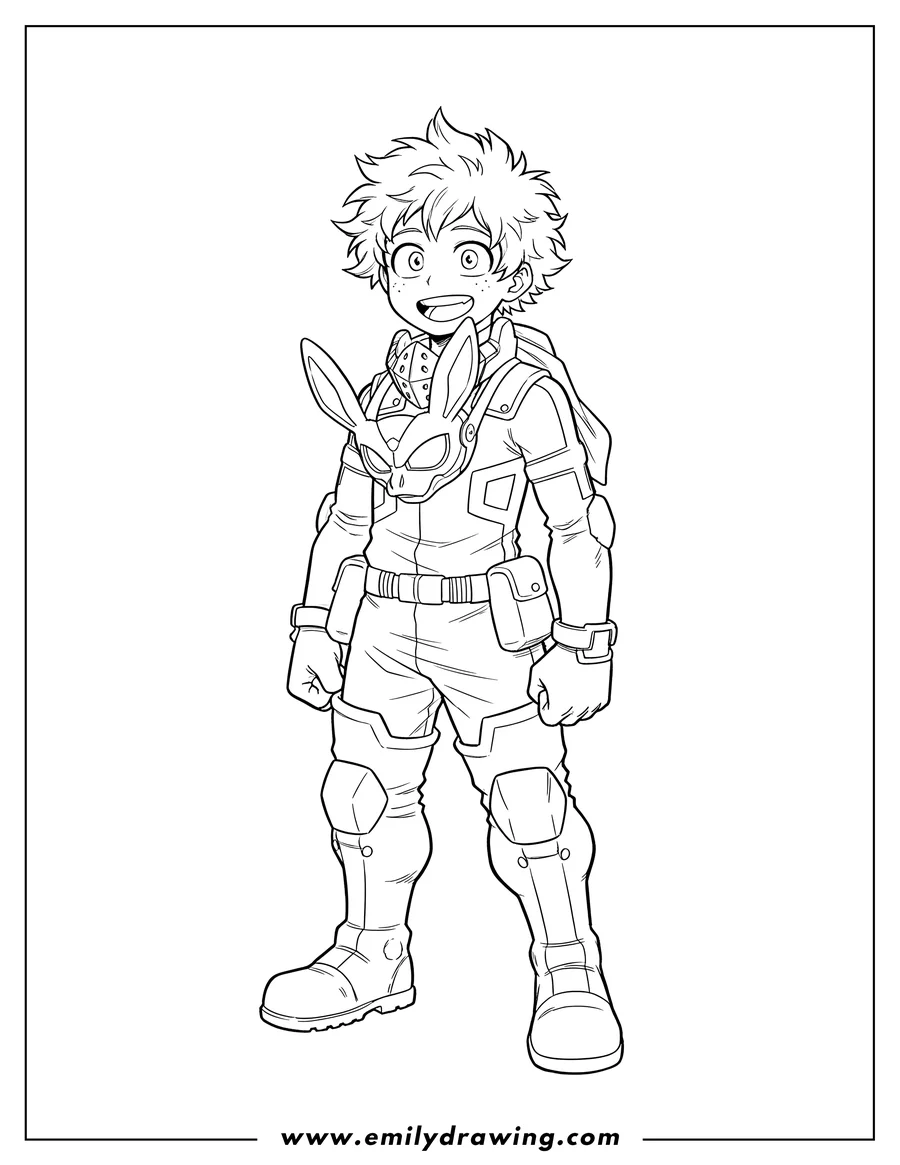 Black and white line art of easy Izuku Midoriya Smiling, wearing his hero mask around his neck