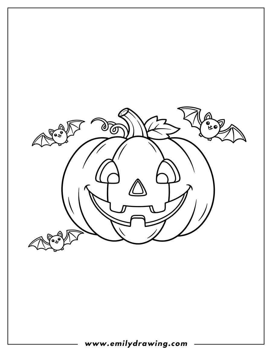 Clean line drawing: easy Jack O Lantern with a friendly face and bats to color for preschoolers