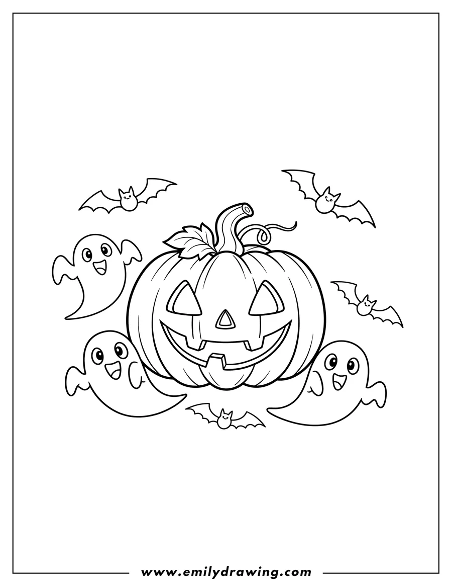 Vector style outline of easy Jack O Lantern with ghosts and bats to color