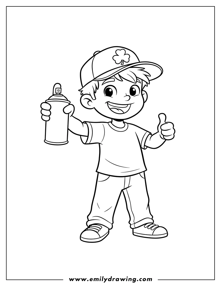 Free to print drawing of easy Jake Holding Up Spray Paint, smiling and wearing a shamrock cap