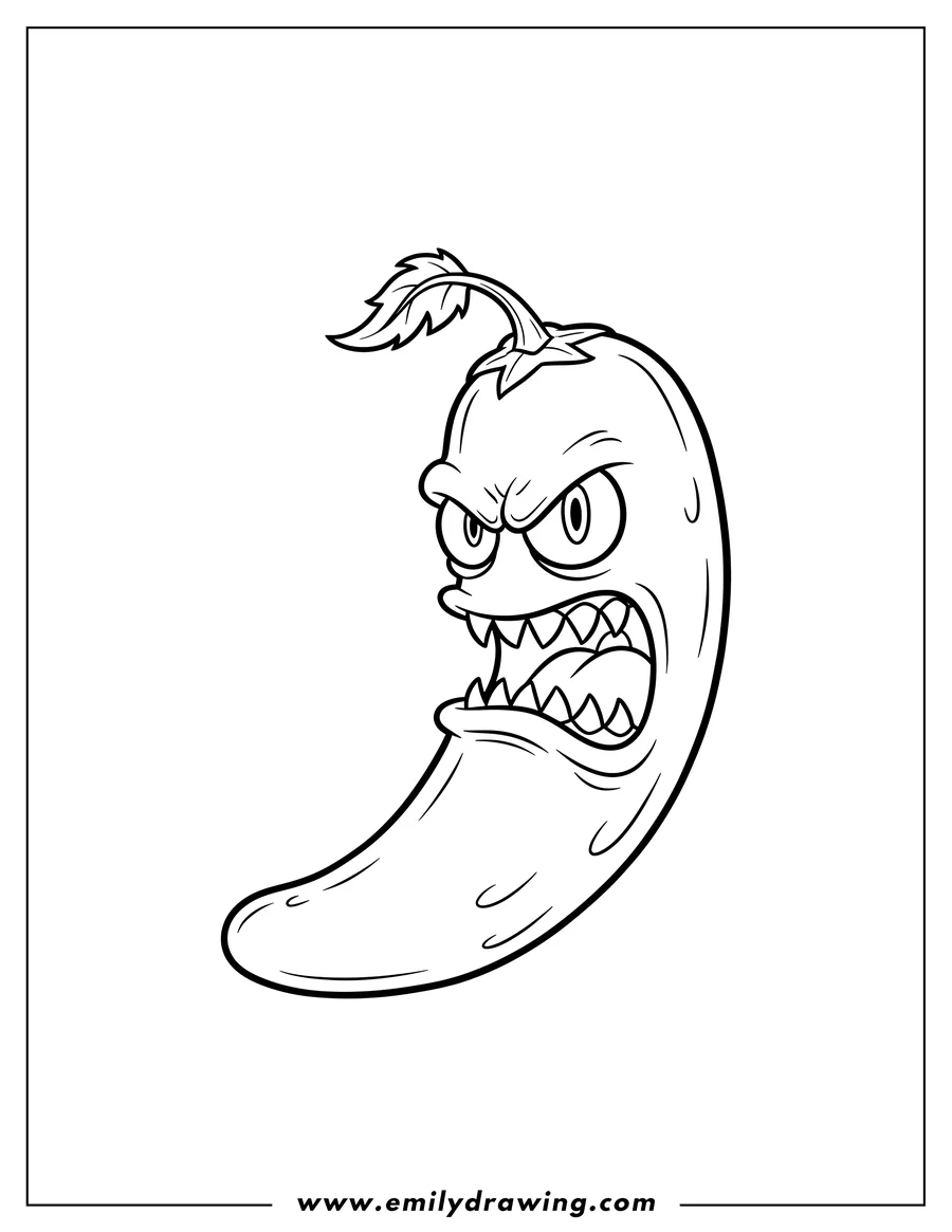 Printable coloring page of jalapeno From Plants Vs Zombies, with an angry face and sharp teeth