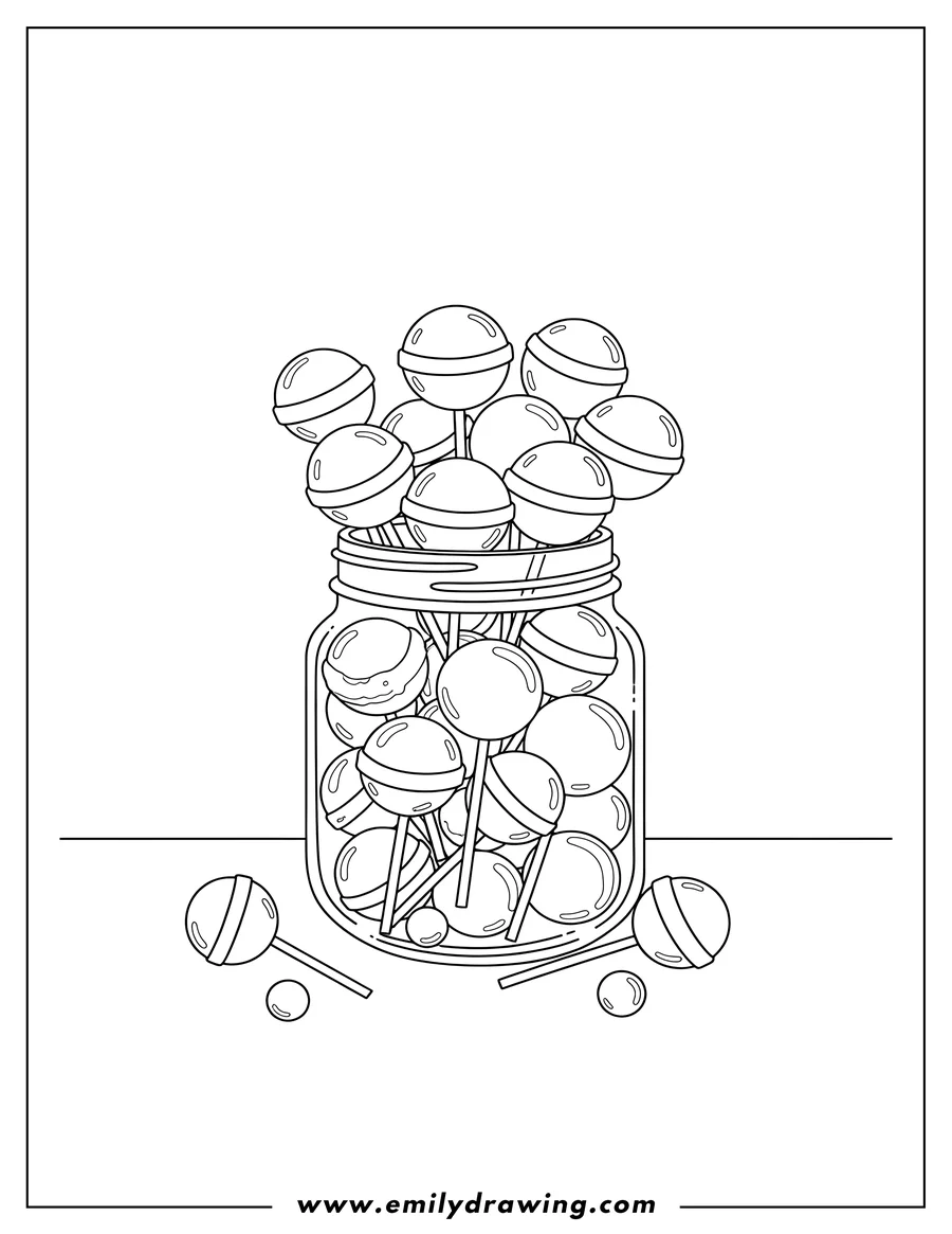 Vector style outline of jar Lollipops To Color, with many round lollipops standing upright