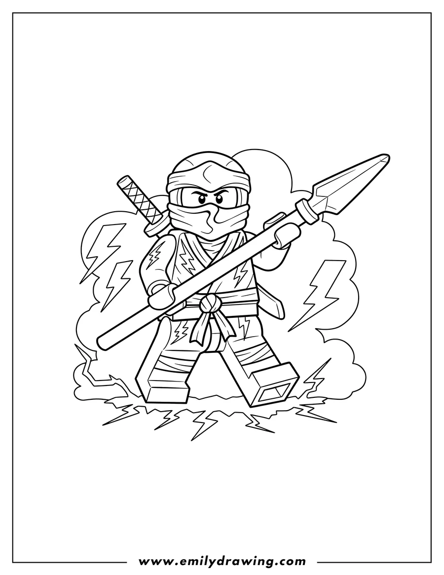 Linear illustration of easy Jay Walker Lego ninja, holding a spear, with a sword on his back and lightning patterns