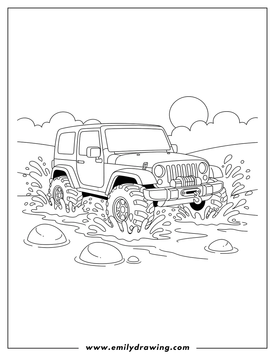 Vector style outline of easy Jeep Crossing Water, with a front winch, splashing water