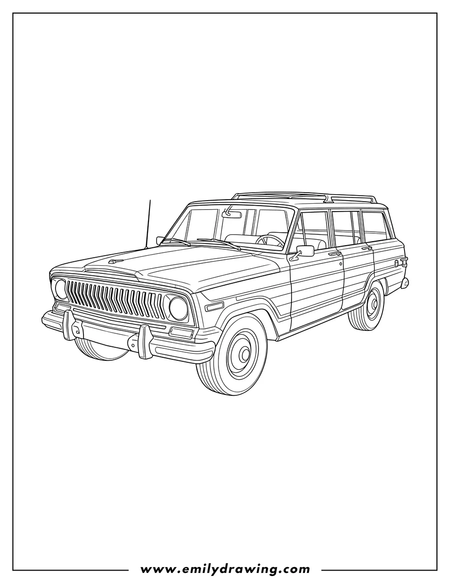 PDF style coloring page: jeep Wagoneer Outline, angled view, with roof rails