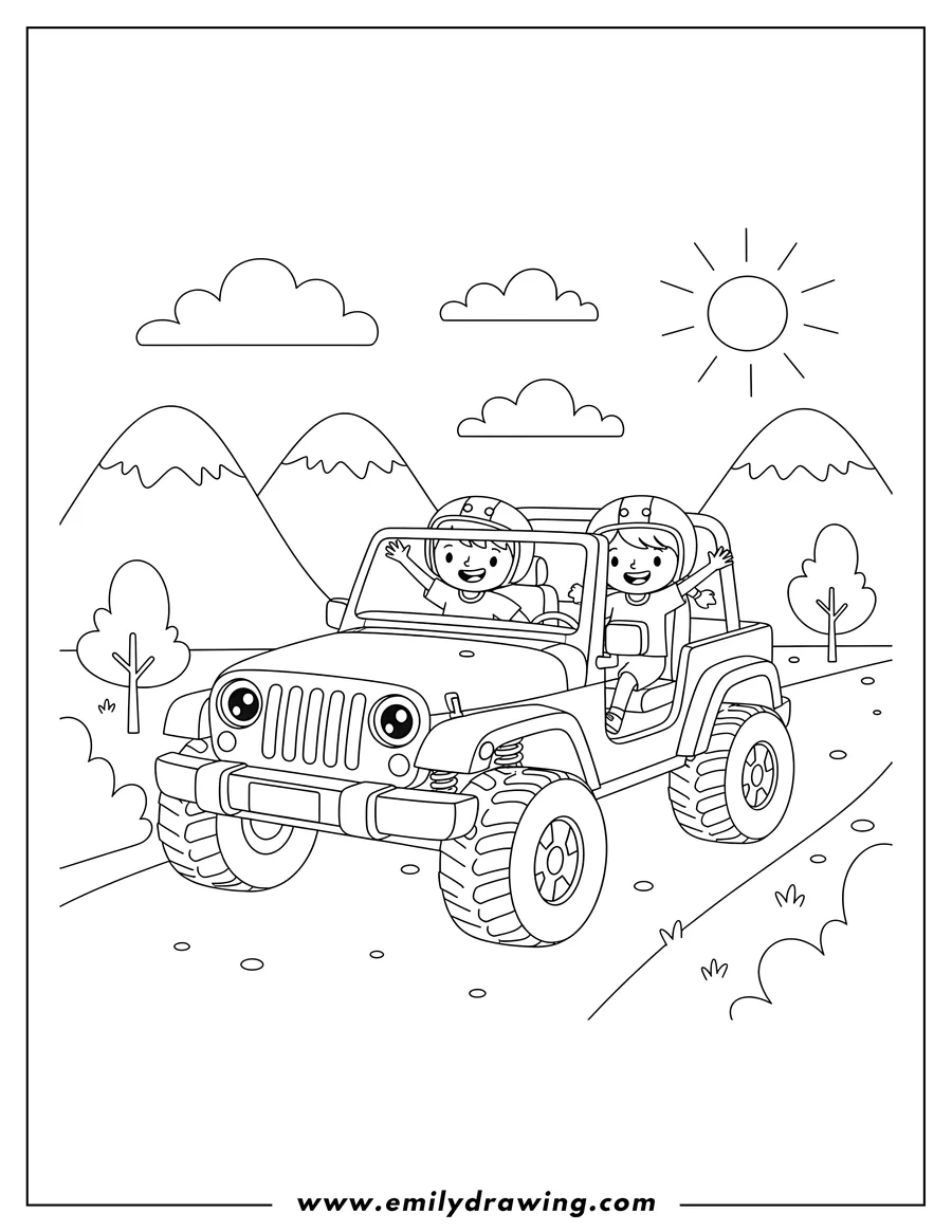 Printable coloring page of easy Jeep Young, with doors off