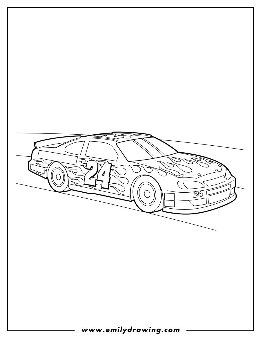Outline drawing of nascar Jeff Gordon Championship Car, number 24, with flame graphics