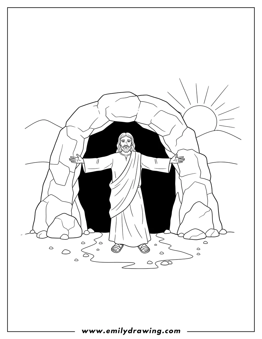 Printable line art of jesus walking out of a cave with open arms