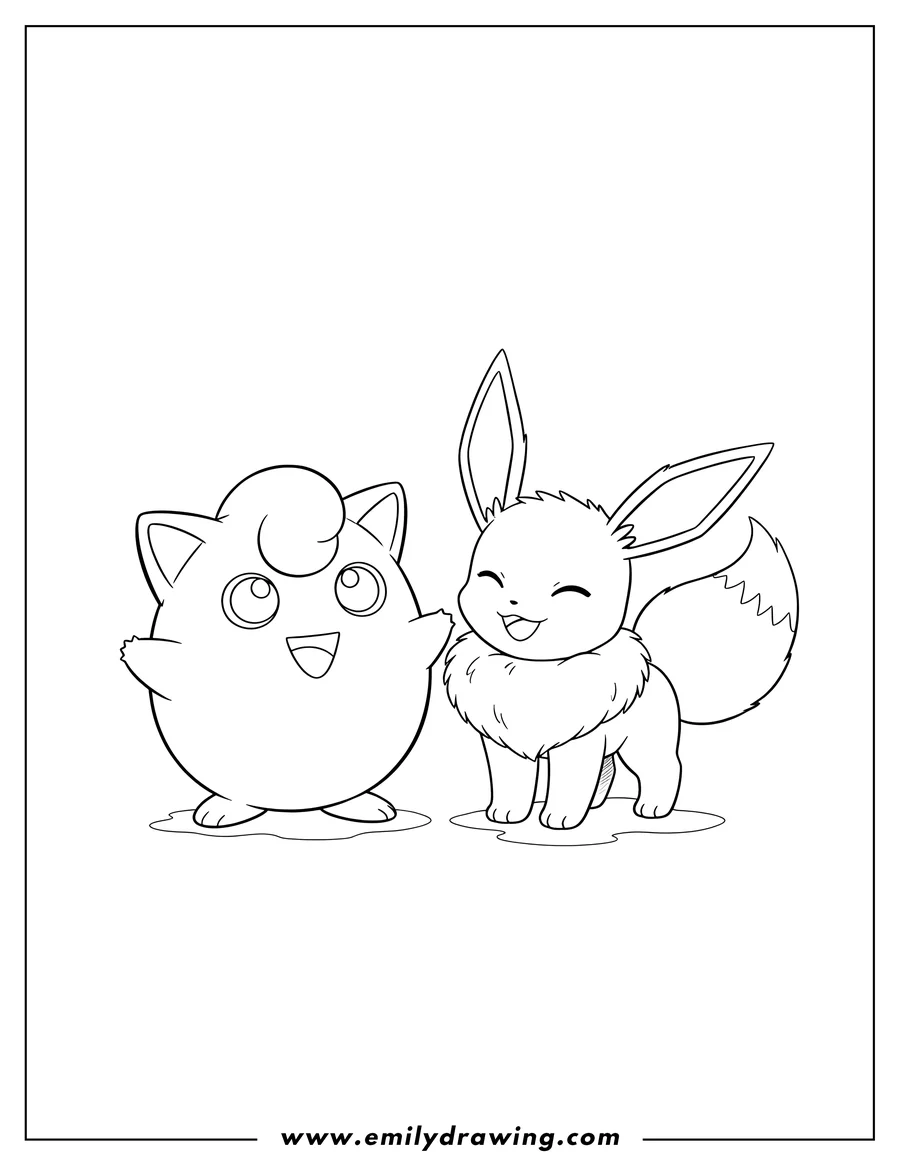 Vector style outline of jigglypuff and Eevee standing side-by-side, smiling happily at each other