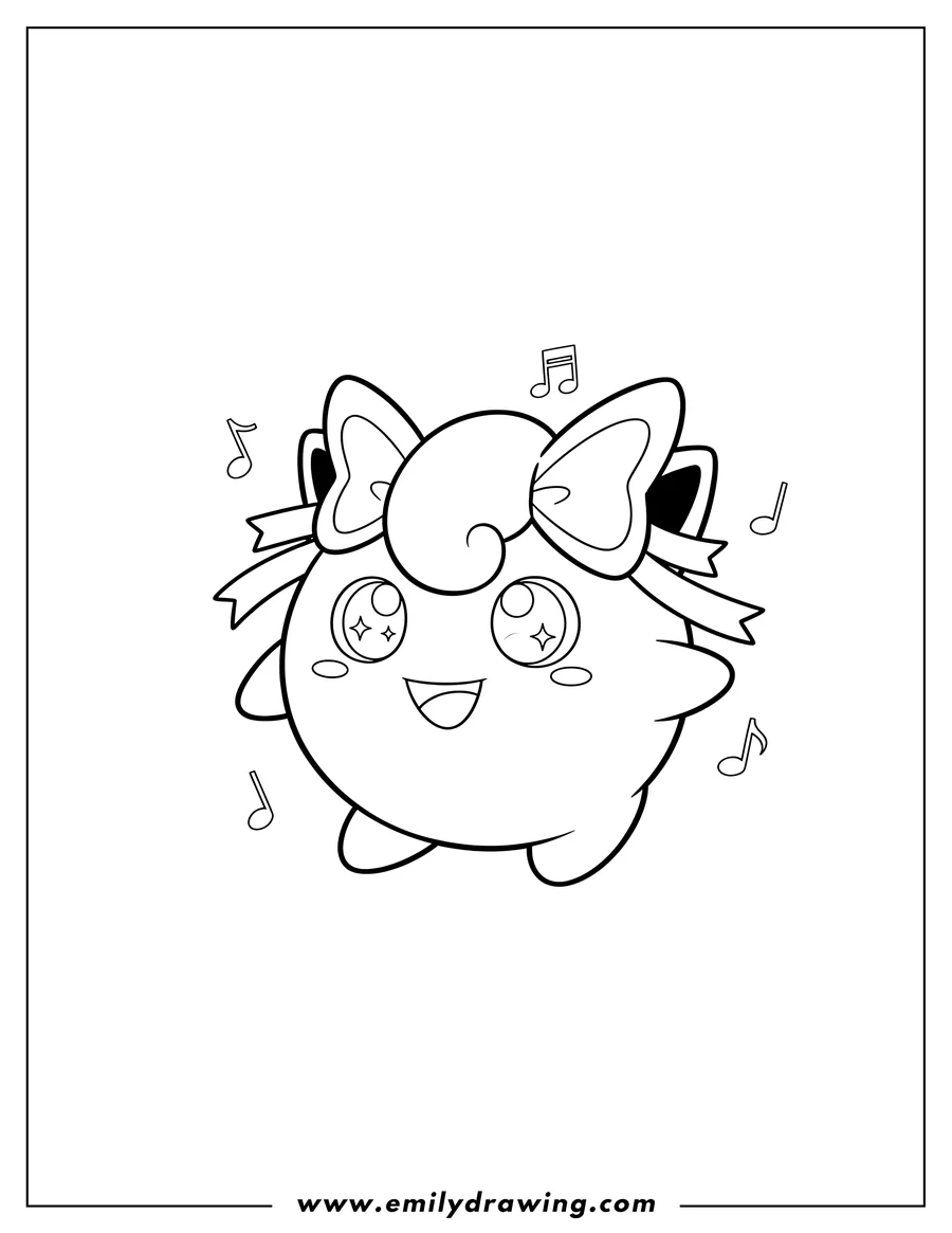 Simple sketch of easy Jigglypuff Wearing Large Bow with Sparkly Eyes and a Gentle Smile to color