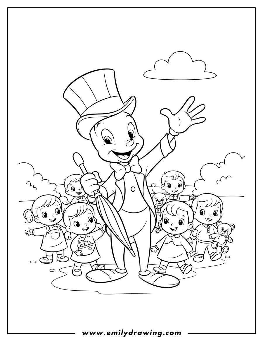 Black and white line art of jiminy Cricket wearing a top hat, holding an umbrella, and waving, preschoolers
