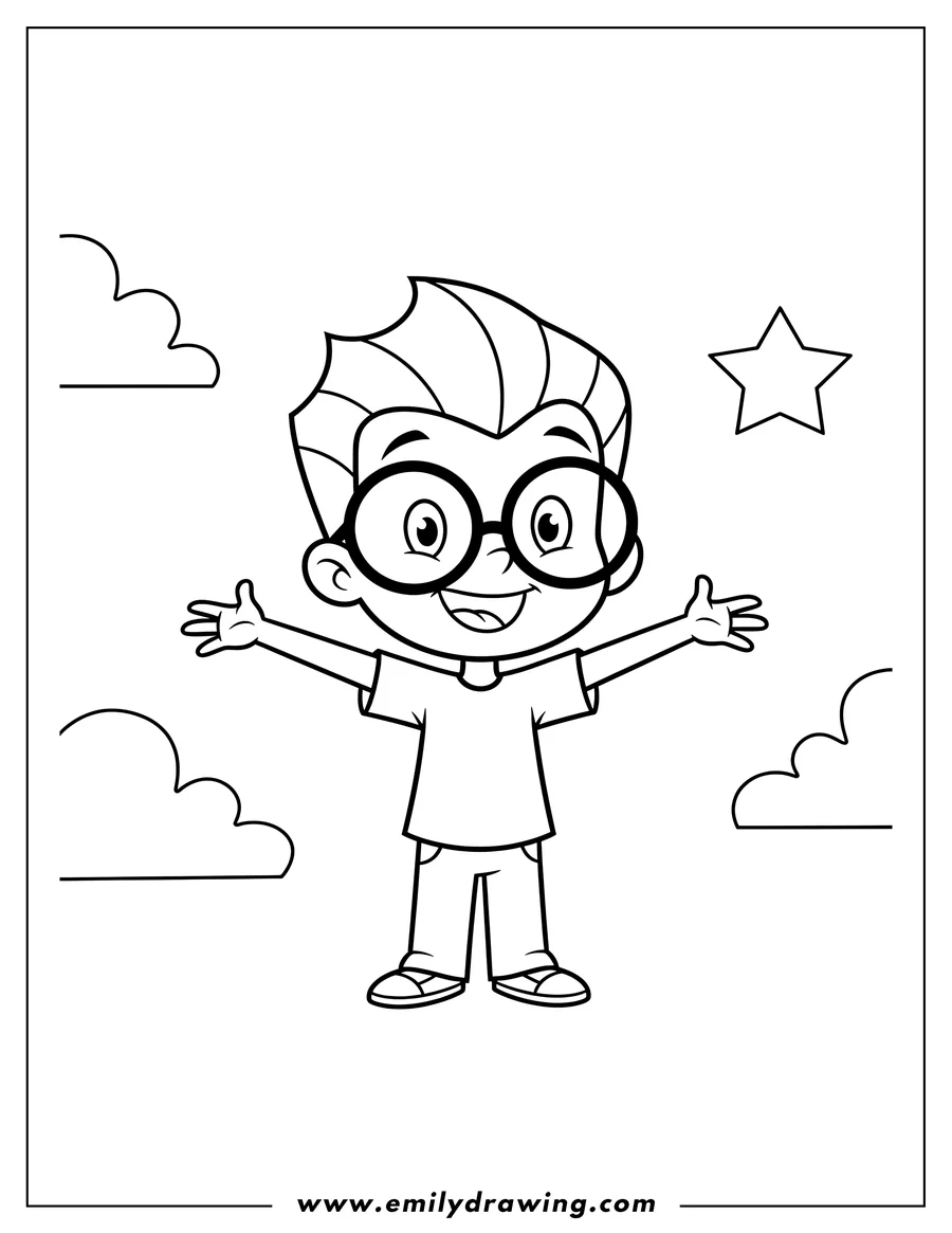 Black and white line art of easy Jimmy Neutron Preschoolers, smiling with open arms
