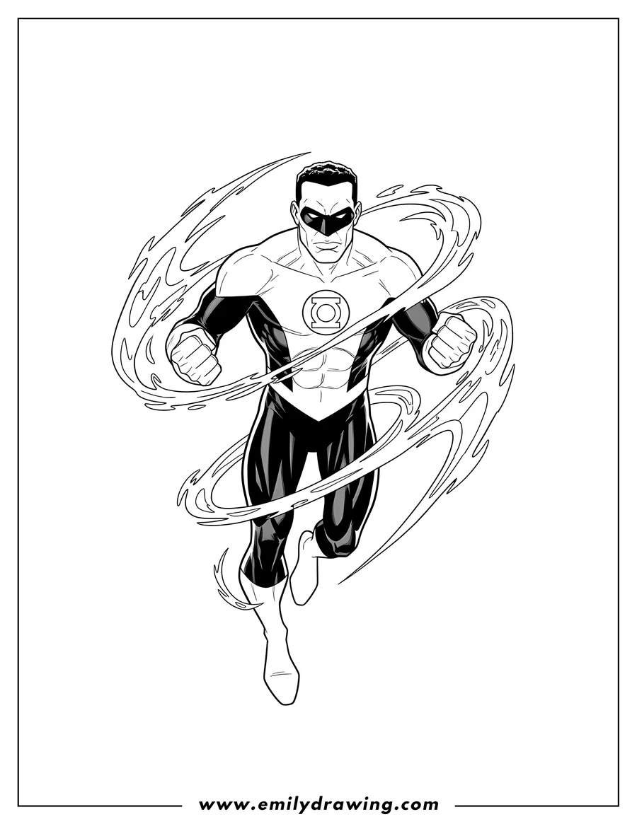 Linear illustration of john Stewart Green Lantern floating, fists clenched, surrounded by energy