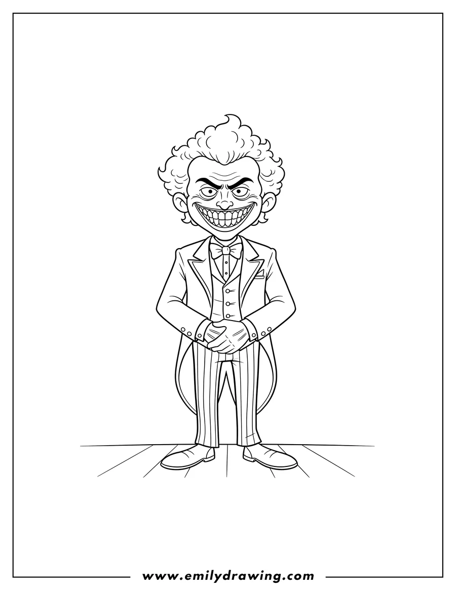 Printable coloring page of joker With Creepy Smile, wearing a suit and with hands clasped