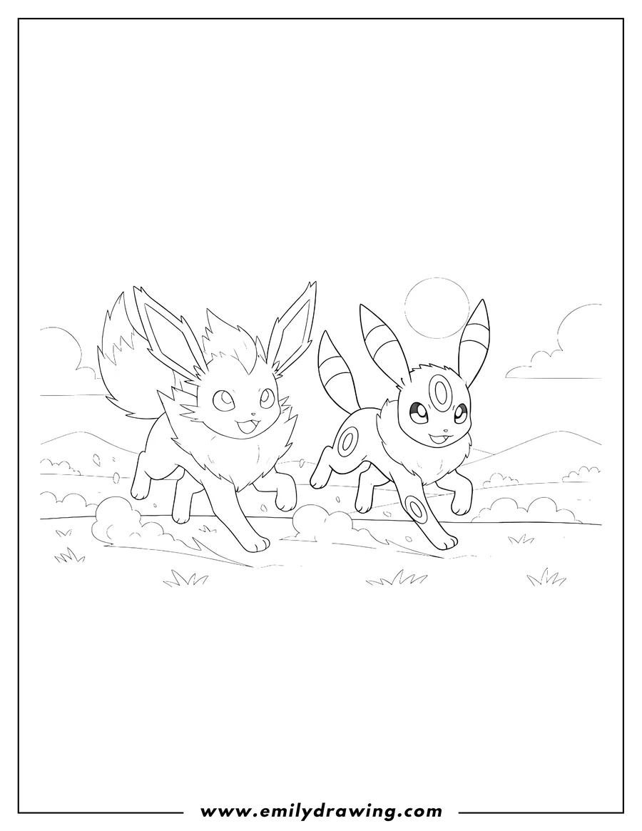Linear illustration of jolteon and Umbreon running
