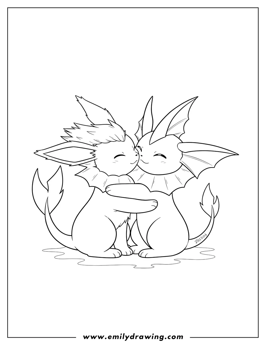 Coloring page for kids: jolteon hugging Vaporeon cheek-to-cheek