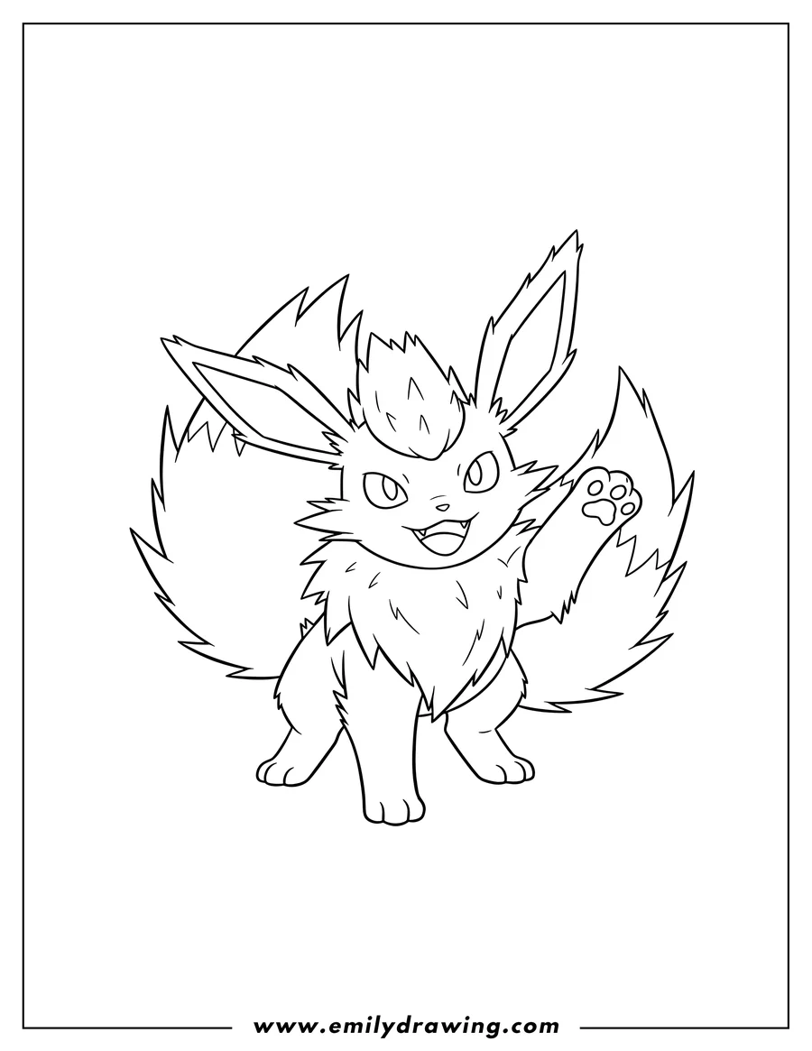 Full page coloring image of easy Jolteon Outline, with spiky fur, a mischievous smile, and one paw raised