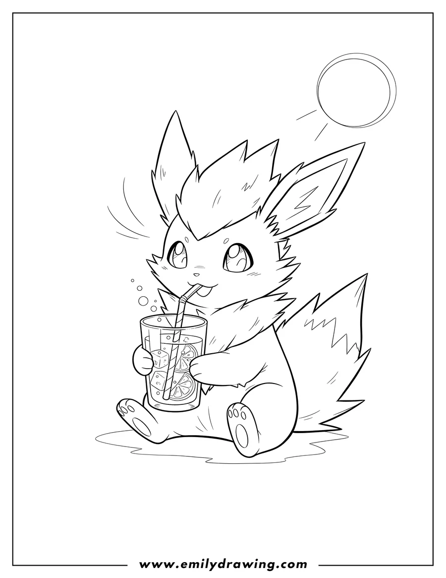 High quality printable jolteon sitting, happily drinking a refreshing citrus drink with a straw from a glass for coloring