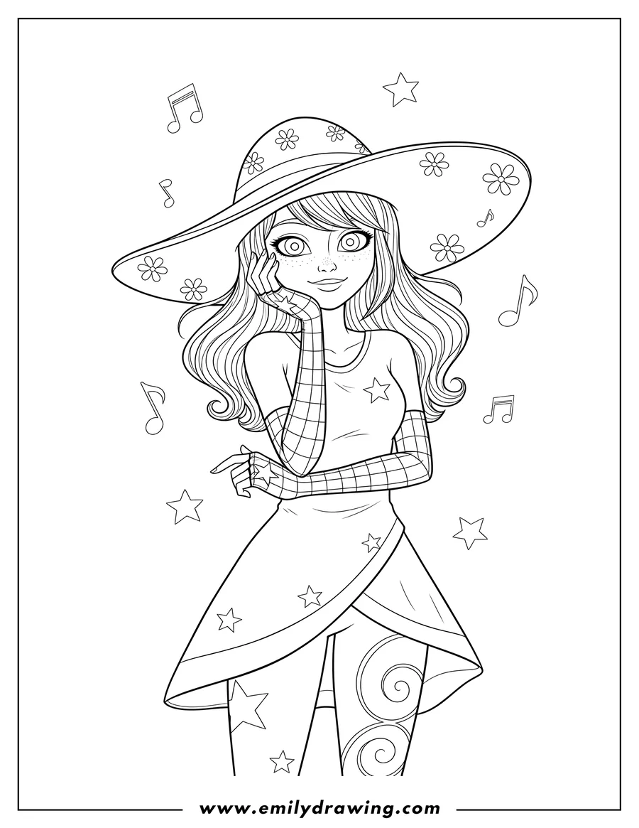 Printable line art of easy Juleka Couffaine wearing a wide-brimmed hat and patterned gloves, with a hand near her face