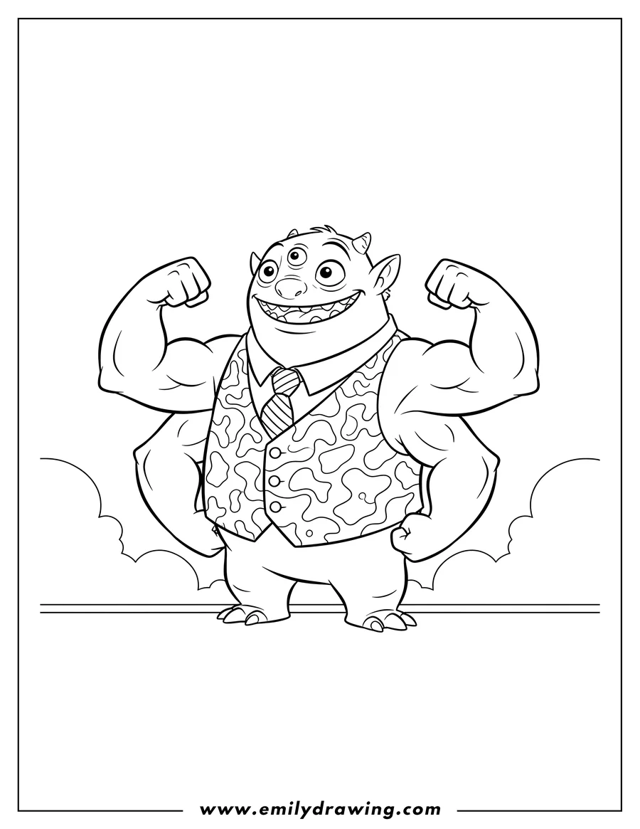 Vector style outline of jumba Jookiba smiling and flexing his arms, wearing a vest and tie