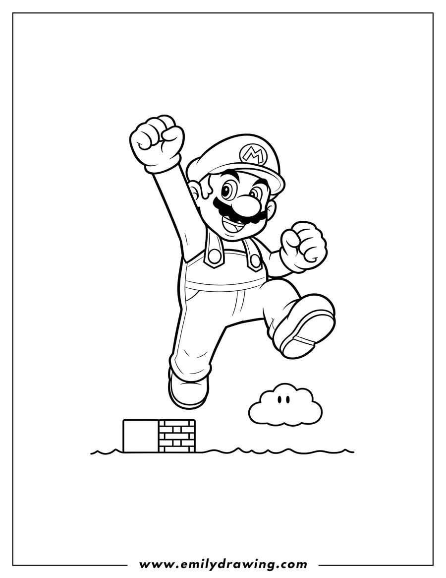 Black and white line art of jumping Super Mario with one arm raised, coloring page