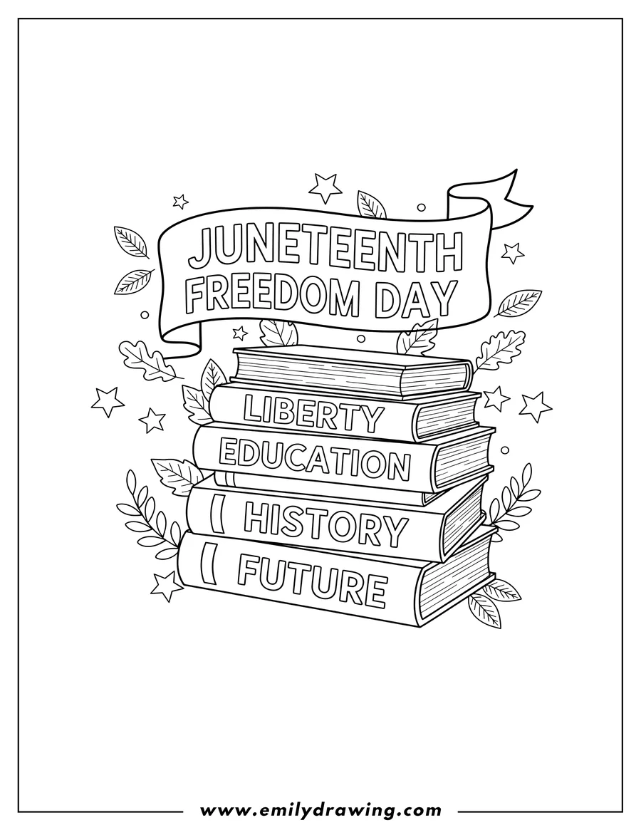 PDF style coloring page: juneteenth Freedom Day banner above a tall stack of books, with stars and leaves