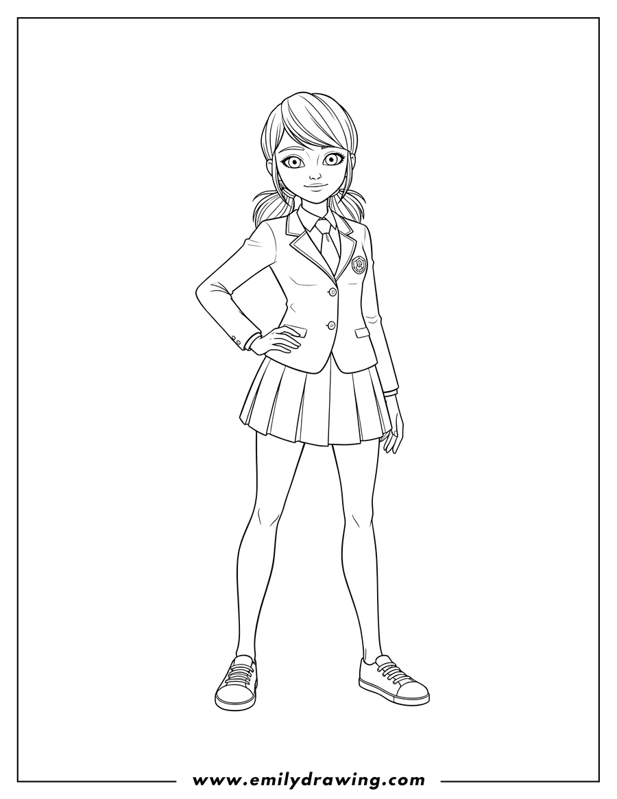 Coloring page for kids: kagami Tsurugi in school uniform, standing with hand on hip and sneakers