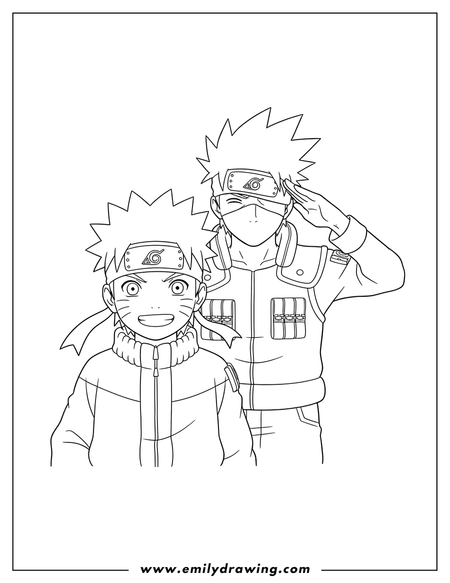Doodle style coloring picture of easy Kakashi and Naruto outline, with Kakashi saluting behind Naruto