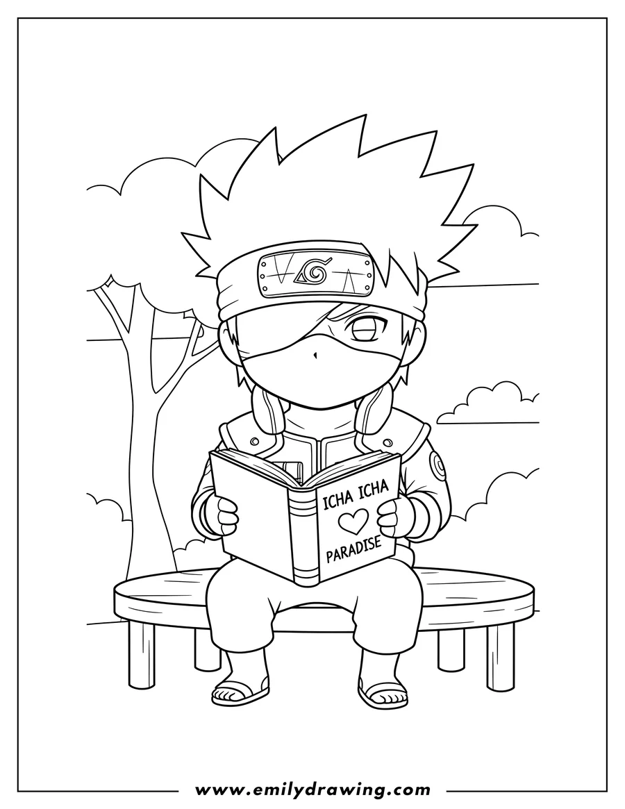 Downloadable coloring page of easy Kakashi With His Book, in chibi style, wearing his mask and ninja headband