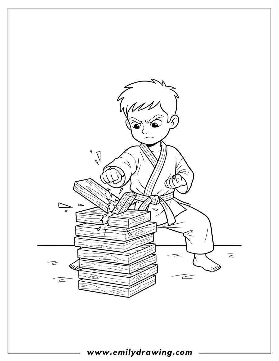 Simple sketch of karate Boy in a low stance breaking a stack of boards to color