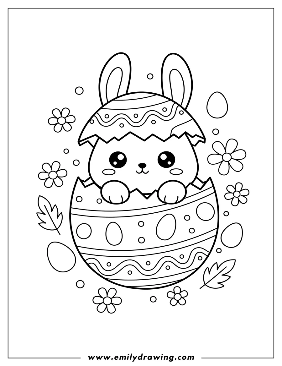 Printable coloring page of easy Kawaii Bunny inside an Easter Egg Preschoolers