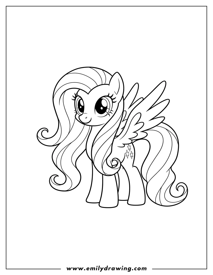 Free printable coloring sheet of easy Kawaii Fluttershy Outline Preschoolers, with wings, smiling, and long flowing mane and tail
