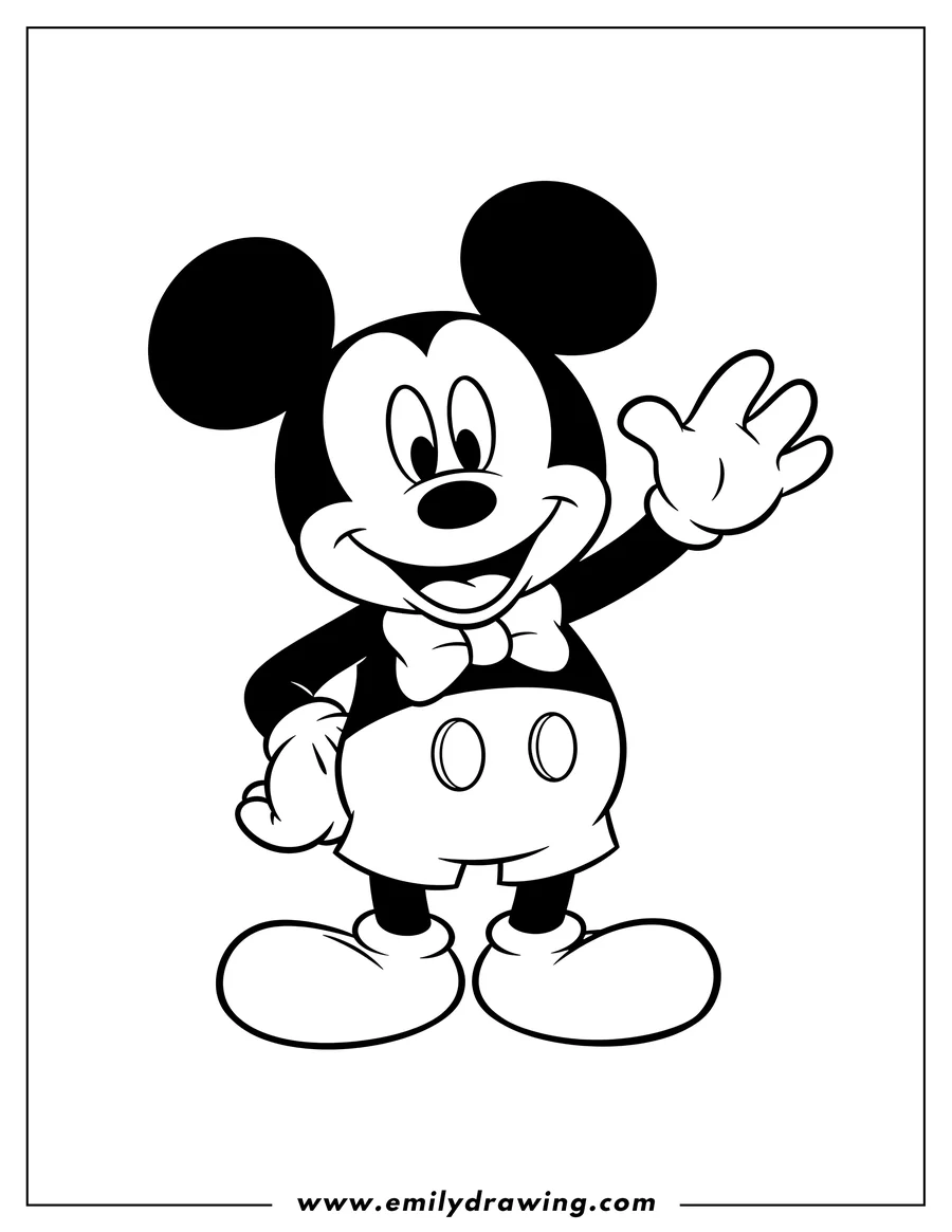 Clean line drawing: easy Kawaii Mickey Mouse Preschoolers standing, smiling, and waving