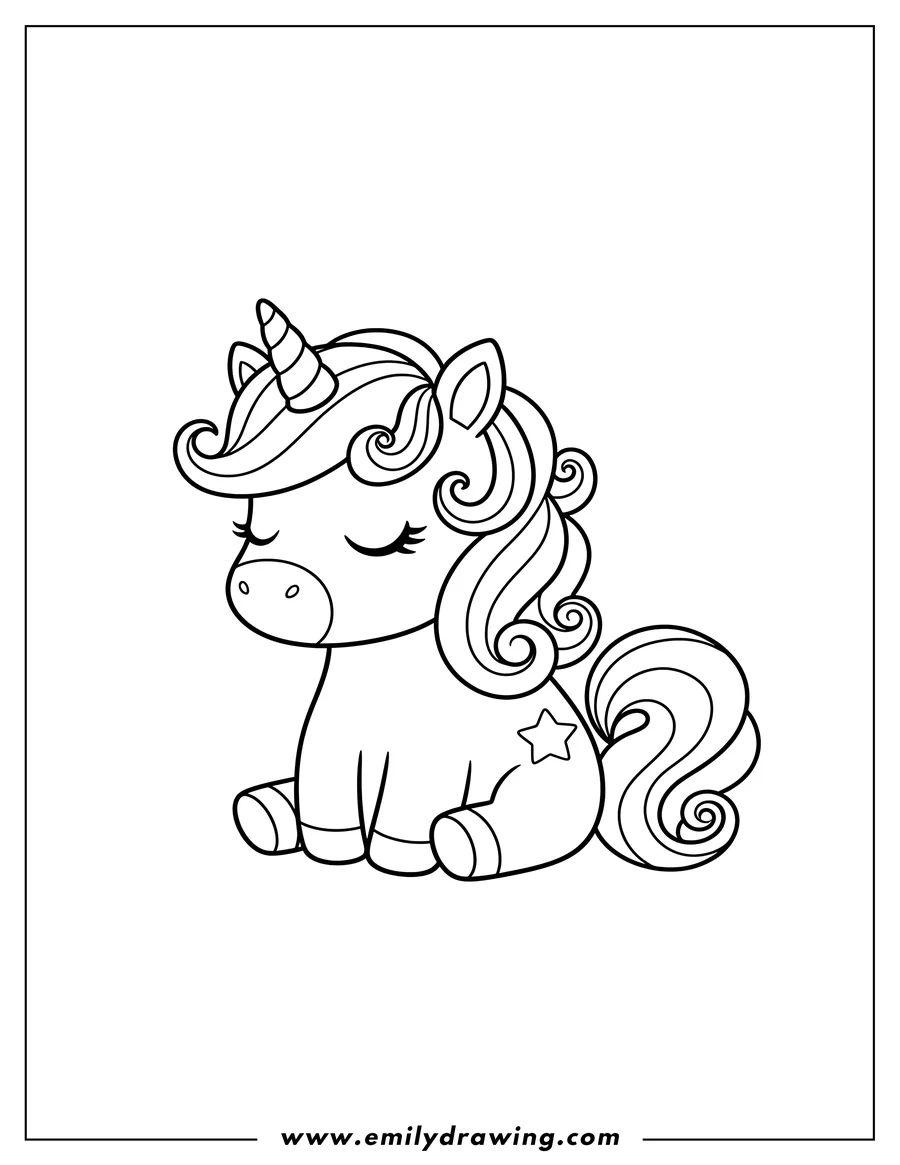 Coloring sheet featuring easy Kawaii Unicorn Sitting with Closed Eyes and Curled Mane