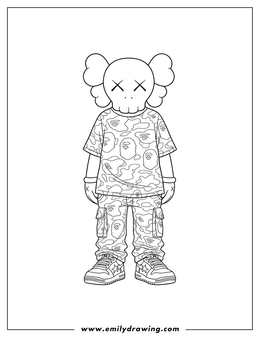 Printable coloring page of kaws Companion standing in a BAPE shirt, pants, and shoes
