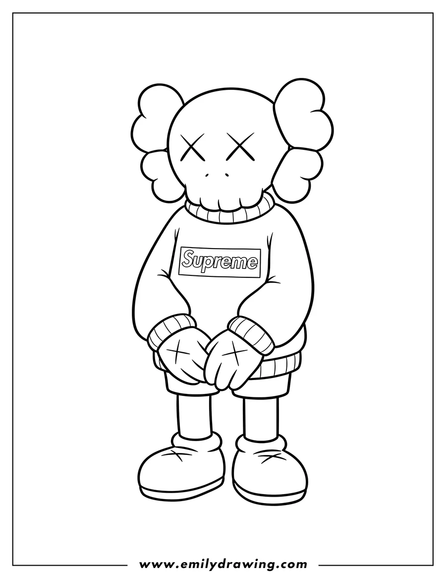 Simple sketch of kaws Companion with XX eyes standing in a Supreme sweater to color