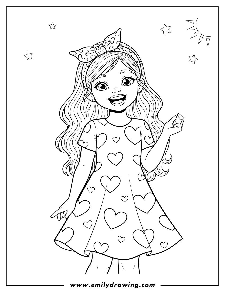 Downloadable coloring page of kelly smiling, with long hair and a headband, wearing a heart-print dress