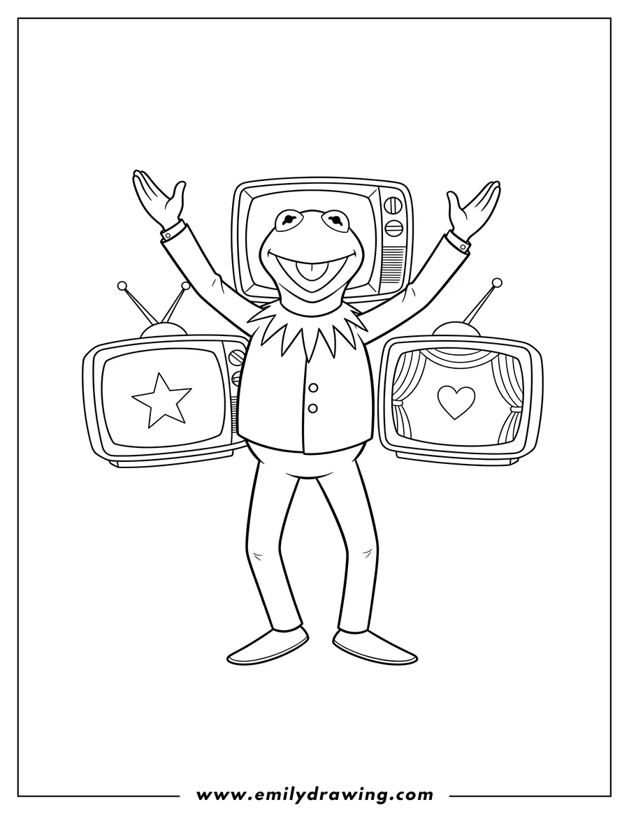 Free printable coloring sheet of kermit Frog Tv Shows, standing with arms raised, and smiling broadly