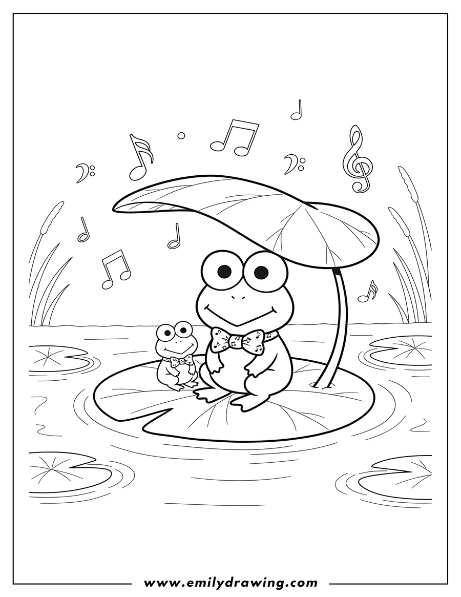 Free printable coloring sheet of keroppi wearing a bow tie and Kokero sitting on a lily pad under a large leaf, with musical notes
