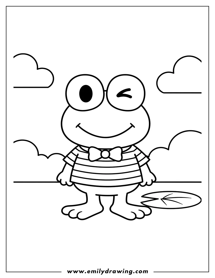 Clean line drawing: keroppi standing and winking in a striped shirt