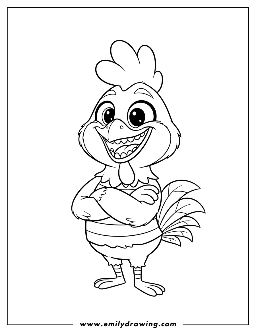 Doodle style coloring picture of kickinchicken From Smiling Critters smiling widely with arms crossed