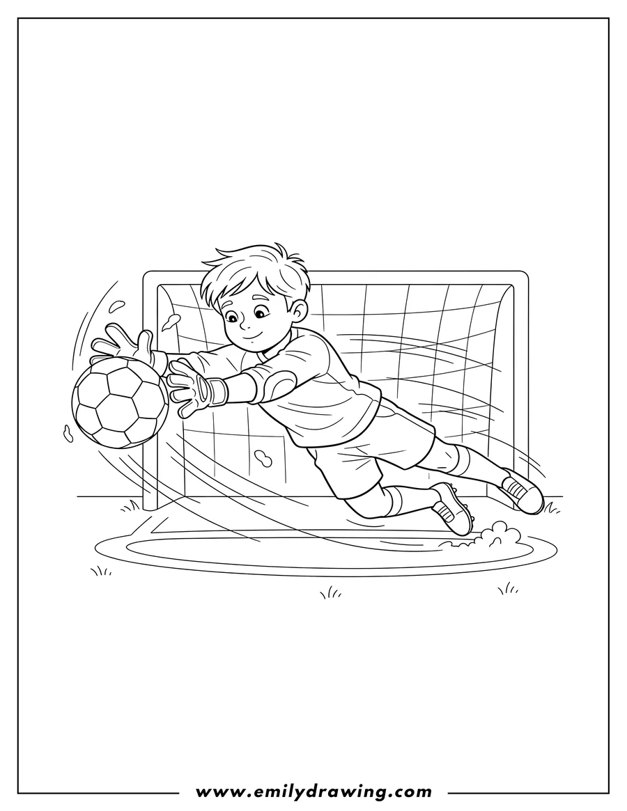 High quality printable kid Goal Keeper diving to catch a soccer ball for coloring