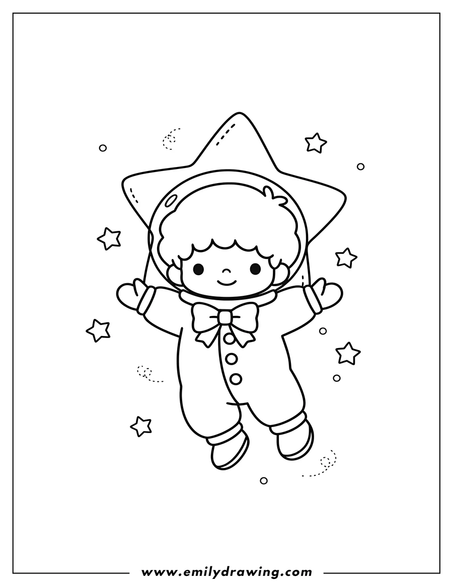 Vector style outline of easy Little Twin Stars Kiki Outline, floating with a star behind his head and a bow on his outfit, for preschoolers