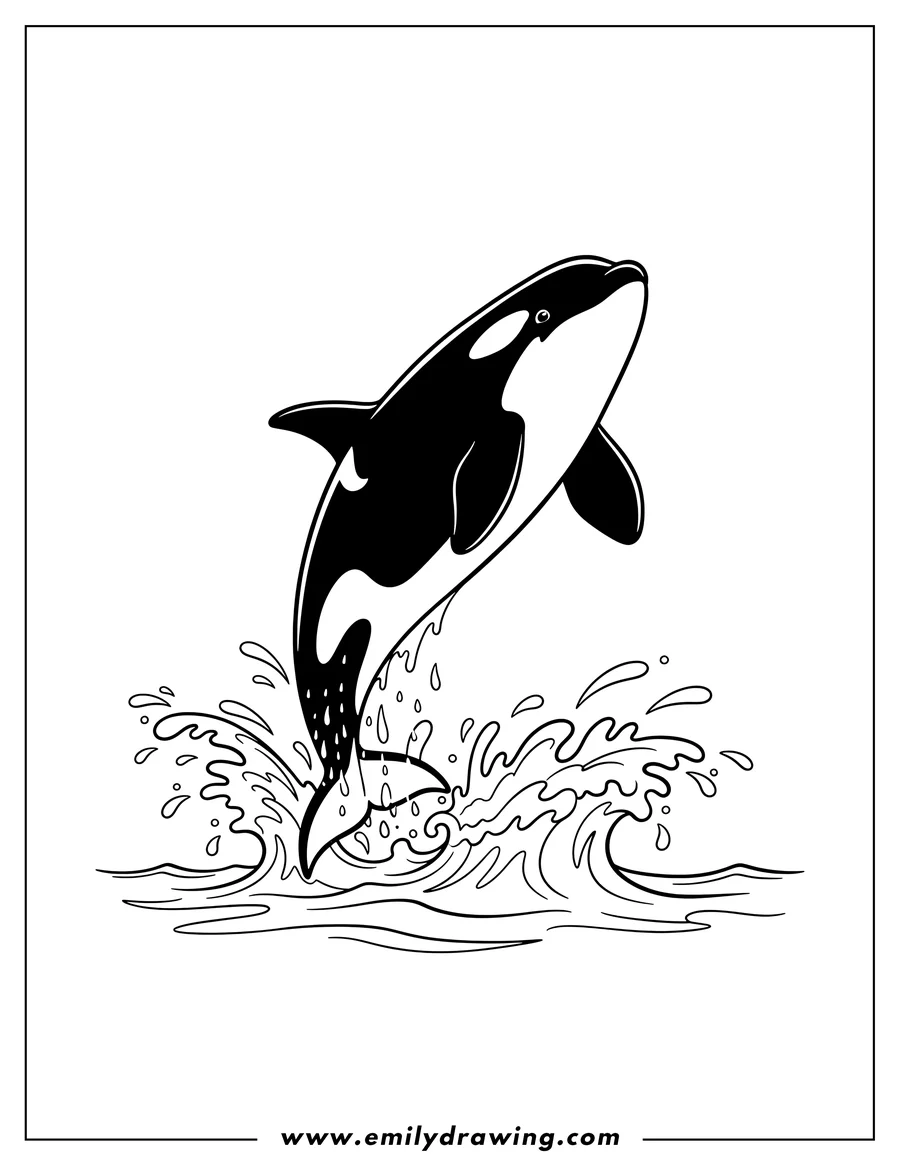PDF style coloring page: killer Whale Leaping Upwards Out of Water, creating splashes