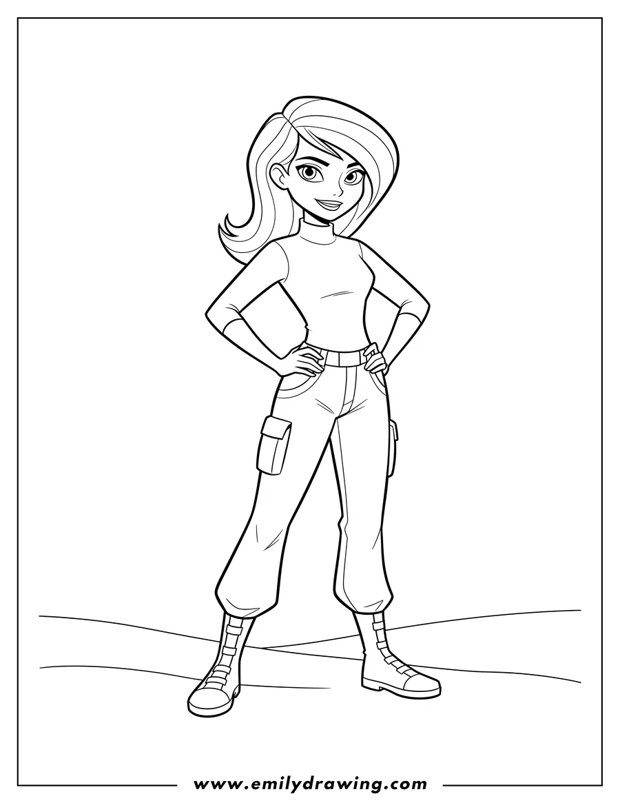 Linear illustration of kim Possible Disney, standing confidently with hands on hips