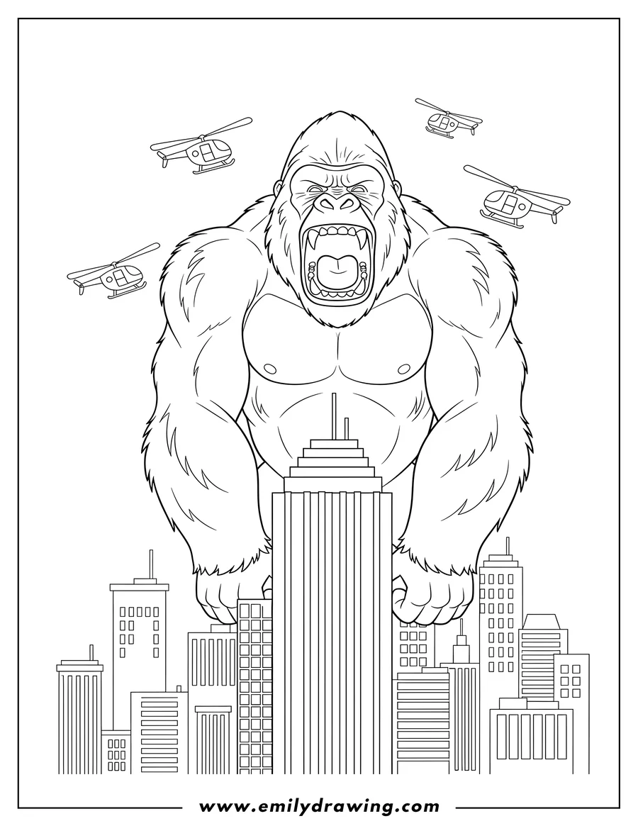 Printable coloring page of king Kong Movies, King Kong roaring with helicopters in the city