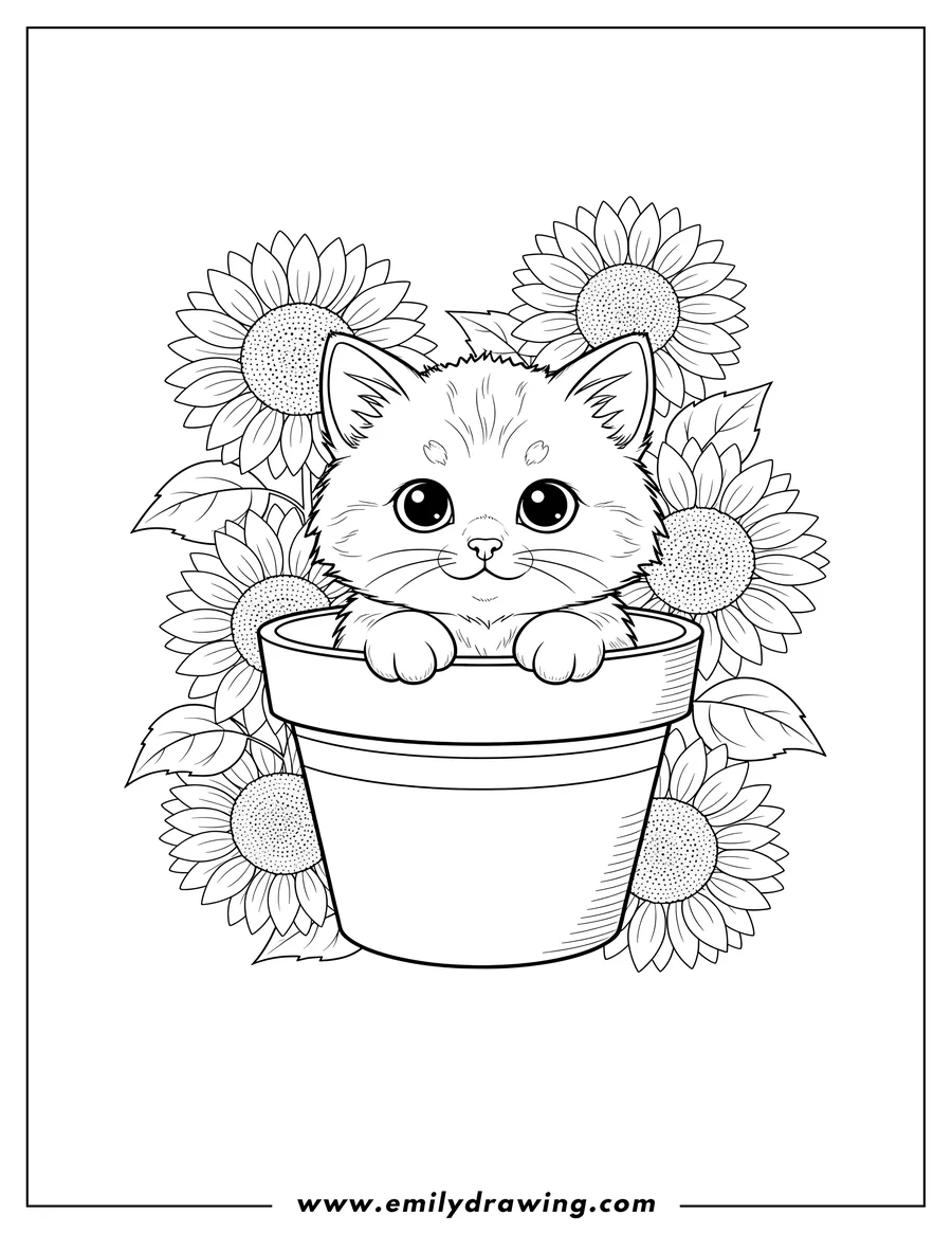 Simple sketch of kitten peeking out of a flower pot surrounded by sunflowers to color
