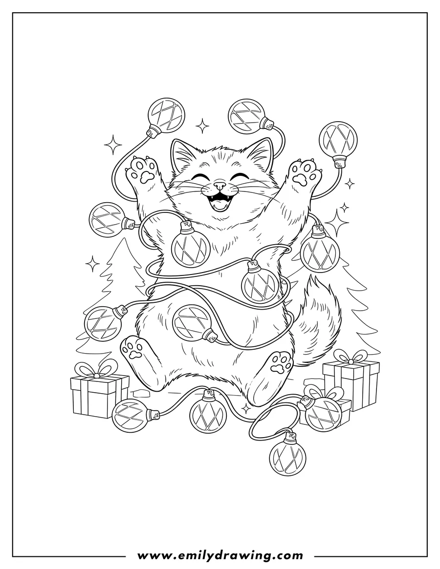 Printable coloring page of playful kitten with paws up and happy expression tangled in Christmas lights